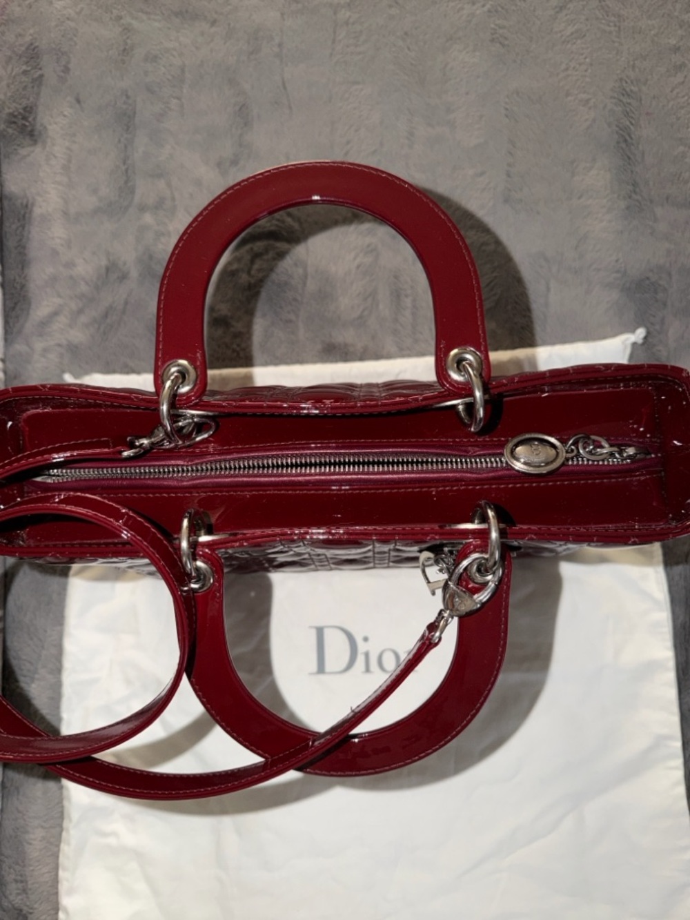 Preloved Christian Dior Burgundy Patent Leather Lady Tote with Dangle Charms - Picture 6 of 11